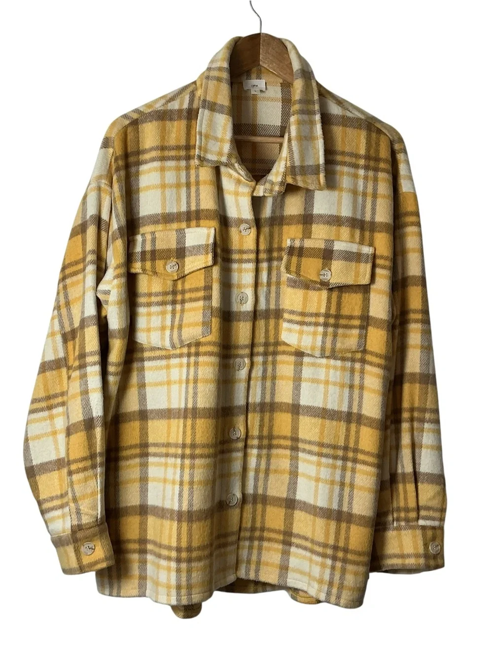 12PM Women's Large Yellow Plaid Shacket Button Up Flannel Shirt Jacket Long Slee